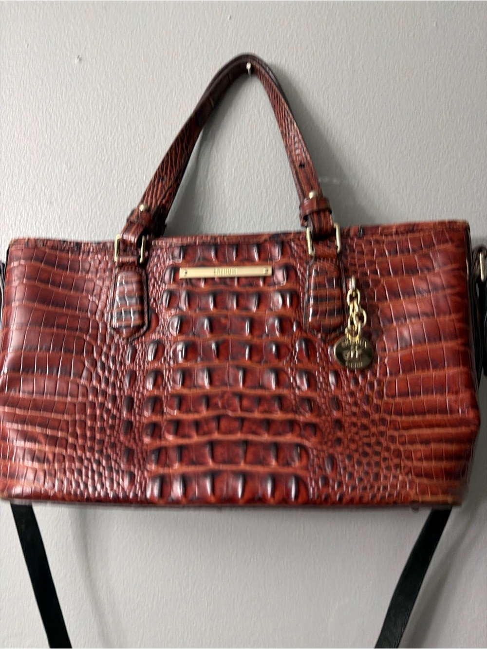 Brahmin Mini Asher Satchel in Pecan Melbourne leather, featuring a textured croc